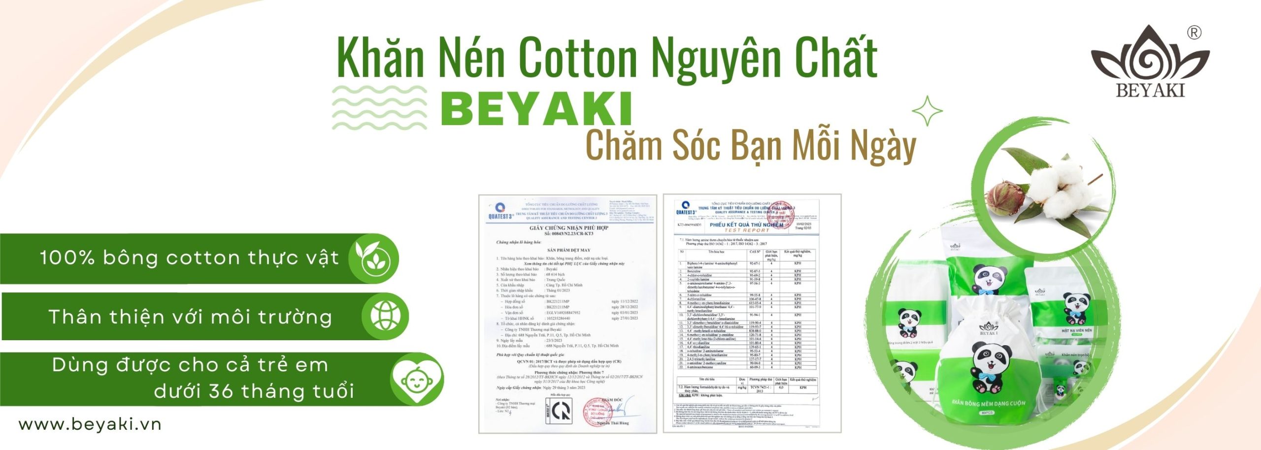 Sản phẩm khăn cotton Beyaki dùng 100% bông thực vật , có kiểm nghiệm theo luật bộ công thương